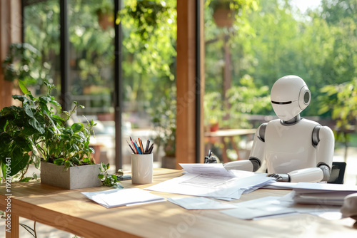 Humanoid Robot Reviewing Documents in Bright Modern Office Interior