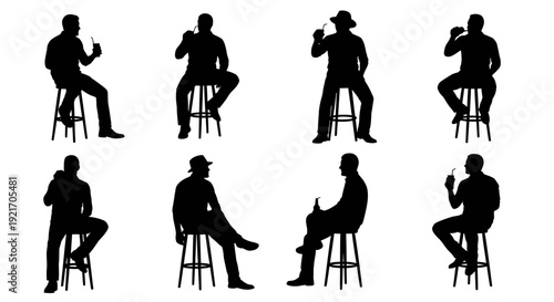 Silhouettes of men sitting on stools drinking beverages in various poses.