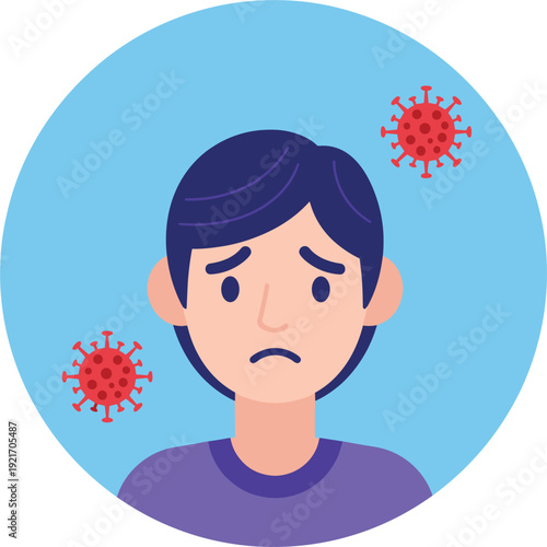 Sad and unwell man with virus particles portrait vector illustration