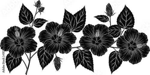 Black hibiscus flower silhouette collection featuring detailed tropical blossoms with leaves and buds for elegant summer garden nature decoration vector design assets set.