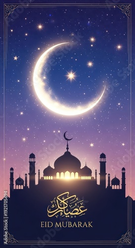 Wallpaper Mural Illuminated crescent moon shines brightly above a silhouette of a grand mosque under a starry night sky Torontodigital.ca