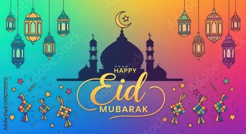 Wallpaper Mural Festive religious greeting design features illuminated lanterns and traditional woven food items against a colorful gradient background. Torontodigital.ca