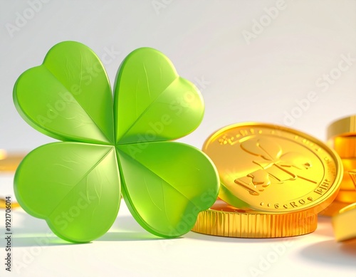 Lucky Four-Leaf Clover Standing Against Stacks of Golden Coins