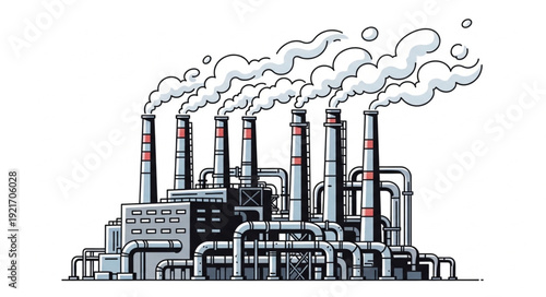 Industrial Factory with Smokestacks Emitting Smoke.