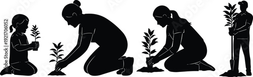 Gardening silhouettes flat vector illustration showing people planting trees, kneeling, holding plants, using shovel, environmental care, growth, community nature conservation design