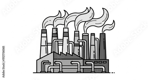 Industrial Factory with Smokestacks Emitting Smoke.