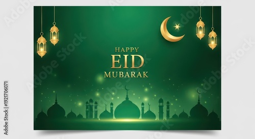 Wallpaper Mural Festive Islamic greeting banner featuring illuminated lanterns, a golden crescent, and a mosque silhouette against a deep green background Torontodigital.ca