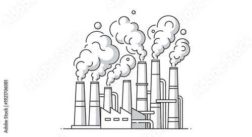 Industrial Factory with Smokestacks Emitting Smoke.
