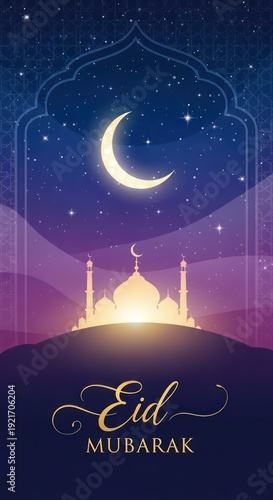 Wallpaper Mural Illuminated silhouette of a religious structure appears beneath a glowing crescent moon in a starry night sky. Torontodigital.ca