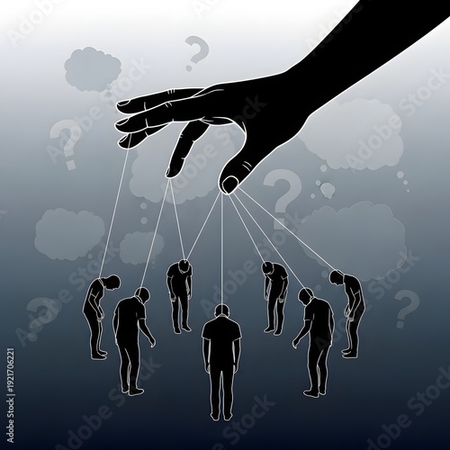 A powerful silhouetted hand masterfully controls multiple human figures with strings, vividly depicting themes of manipulation, power dynamics, and the struggle for individual autonomy