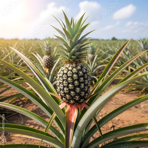 Ripe pineapple growing on plant in sunny tropical pineapple field with green leaves and golden fruit under blue sky
