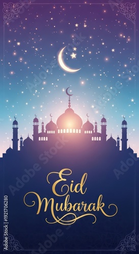 Wallpaper Mural Glowing celestial night scene features a mosque silhouette beneath a crescent moon and bright stars Torontodigital.ca