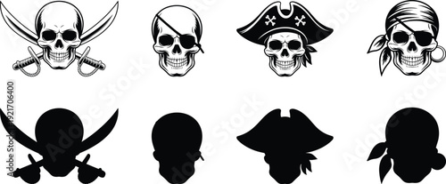 Pirate skull face icons with crossed swords, skeleton symbol for danger or Halloween holiday
