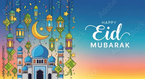 Wallpaper Mural Festive religious greeting displayed over an illustrated scene featuring a grand place of worship surrounded by hanging decorations Torontodigital.ca