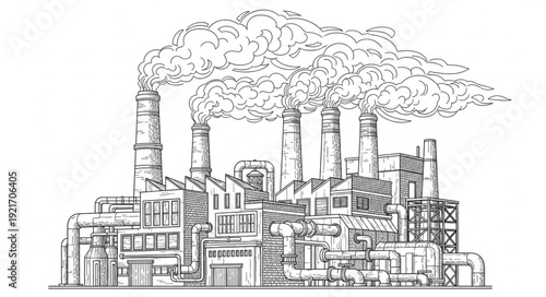 Industrial Factory with Smokestacks Emitting Pollution.