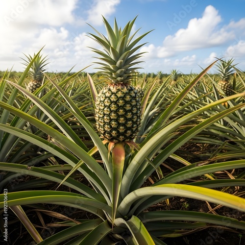 Ripe pineapple growing in sunny tropical plantation field with green leaves under blue sky and clouds