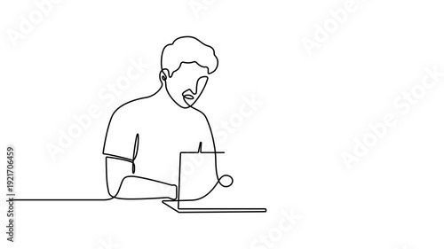 Animation of Continuous line art illustration of two professionals collaborating on a laptop project. Two employees are talking and discussing work. 4K animation video
