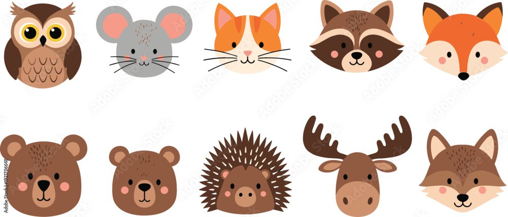 Obraz premium Cute Woodland Animal Faces Vector Illustration Set with Forest Animal Cartoon Heads Kids Nursery Flat Design