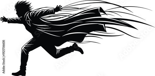 Dynamic superhero silhouette running with flowing cape, powerful action pose vector illustration isolated on white background, comic style character design for fantasy concept art