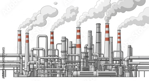 Industrial Factory with Smokestacks Emitting Pollution.