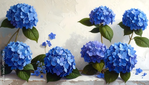 Close-up of lush blue hydrangeas, arranged against a textured, off-white background, highlighting the blooms and green foliage