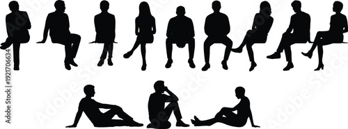 Silhouettes of thirteen individuals seated in varied postures on chairs and ground, symbolizing body language, social interaction, diversity, and community for creative stock concepts.