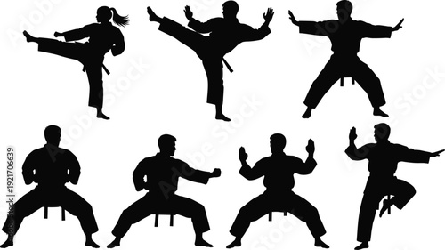 Black and white vector silhouette set of martial arts athletes practicing karate and taekwondo positions with kicks and stances isolated on white background