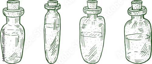 Vintage corked glass vials containing mysterious liquid potion ingredients drawing
