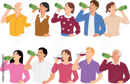 Flat vector illustration of diverse people drinking water from reusable bottles, hydration concept, healthy lifestyle routine, sustainable daily habit, eco friendly refreshment collection set