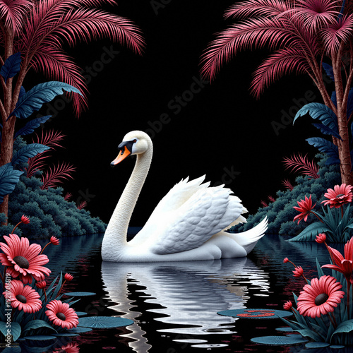 White Swan with Pink Flowers and Palms