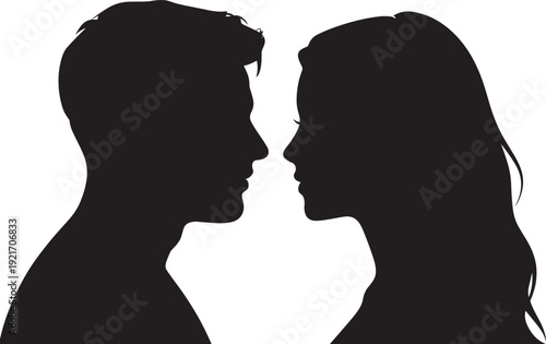 Silhouettes of two people facing each other in profile, symbolizing communication, connection, relationships, diversity, and psychological interaction for creative and stock illustration concepts.