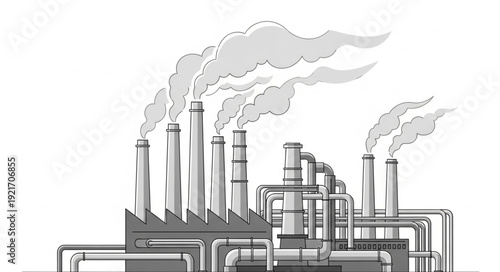 Industrial Factory with Smokestacks Emitting Smoke.