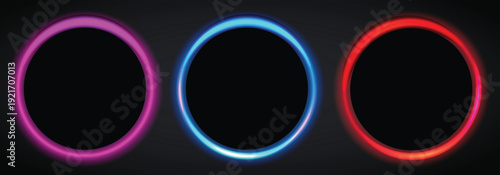Abstract Neon Glowing Circle Frame Collection in Blue, Red, Purple and Green – Futuristic Vibrant Light Rings and Borders on Dark Background for UI, Logo and Copy Space