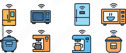 A collection of smart kitchen appliances including a refrigerator, microwave, rice cooker, and coffee maker, all featuring wireless connectivity. This setup showcases modern technology in cooking.