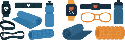 A collection of fitness accessories is displayed prominently, featuring a smartwatch, resistance bands, a water bottle, a yoga mat, and a foam roller, suitable for exercise routines.