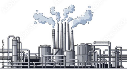 Industrial Factory with Smokestacks Emitting Smoke.