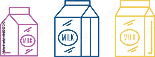 Three colorful outline milk cartons with labels for dairy products