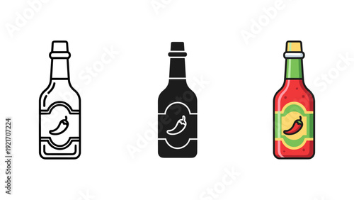 Vibrant vector illustration of three stylized hot sauce bottles with chili pepper logos, perfect for food packaging, branding, and spicy product promotions.