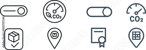 Four simple icons illustrate digital functionalities, including a toggle switch, a carbon emission gauge, a package verification mark, and a location pin for delivery services.