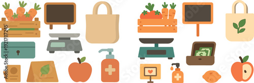 A variety of grocery items are shown, including a crate of carrots, a scale, a shopping bag, and an apple, suggesting a local market atmosphere.