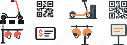 A scooter rental service showcases a bright red scooter on docking stations beside a QR code and a payment ticket, illustrating modern urban mobility solutions.