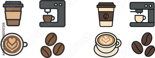 A variety of coffee-related items are displayed, including a takeout cup, espresso machine, latte art on a mug, and fresh coffee beans. This showcases the coffee culture and brewing process.