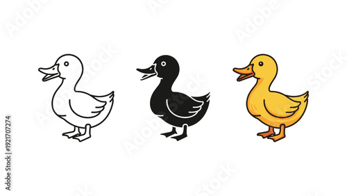 Charming vector illustration of three cute cartoon ducks in different colors walking side by side, perfect for children's books, educational materials, and playful designs.