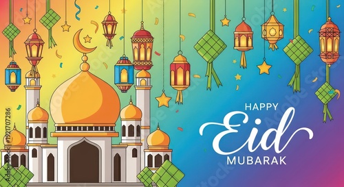 Wallpaper Mural Festive illustration depicts a grand mosque beneath hanging lanterns and decorative woven food items against a vibrant gradient background Torontodigital.ca