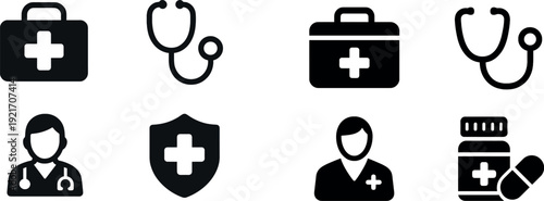 Four distinct health care symbols are shown. These include a medical bag, a stethoscope, a healthcare worker silhouette, and a shield displaying a medical cross, emphasizing healthcare themes.