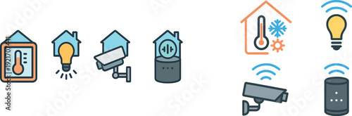 Four icons illustrate home automation features: a thermometer for temperature control, a light bulb for lighting, a security camera for monitoring, and a smart device for sound management.