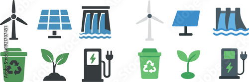 Various symbols illustrate renewable energy sources, including wind turbines, solar panels, hydro power, recycling, electric fueling, and planting.
