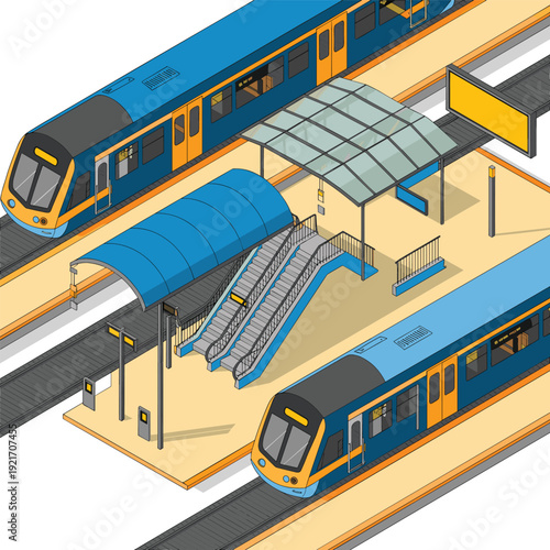 Isometric modern metro train station with elevated platform, escalators and glass canopy, urban subway transportation infrastructure concept, public transit railway illustration design