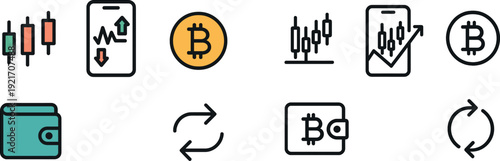 Various icons illustrate cryptocurrency trading, featuring candlestick charts, a smartphone with a trend graph, a Bitcoin symbol, and a digital wallet.