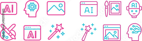 Bright and modern icons represent various aspects of artificial intelligence. Colorful symbols like a brain, paintbrush, and magic wand illustrate creative technology.